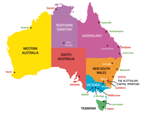 Austraalia kaart osariikide, pealinnade ja suuremate linnadega