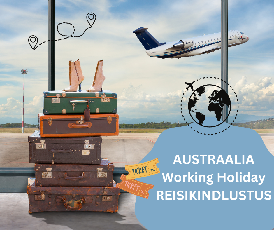 Working Holiday reisikindlustuse bänner kohvrite, lennupileti ja lennukiga